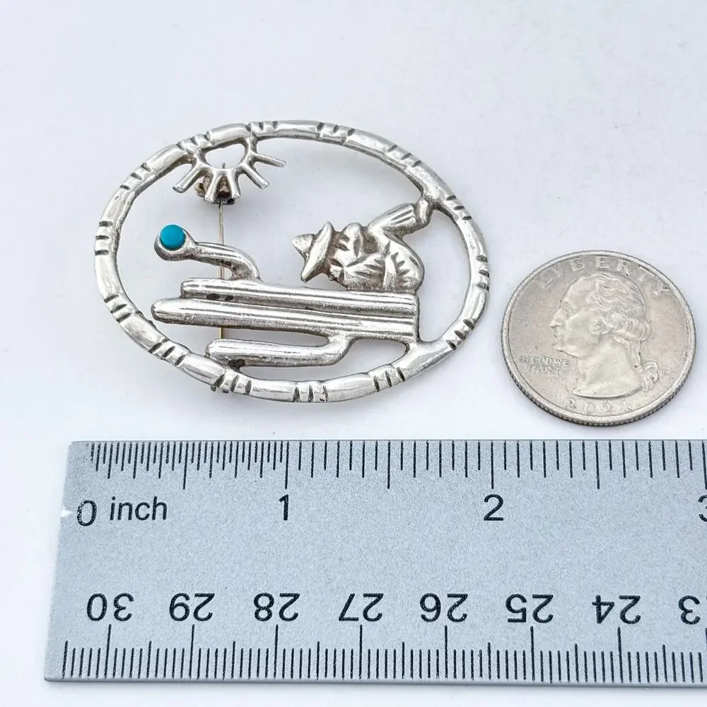 Vintage Sterling Silver 925 Turquoise Saguaro Cactus Brooch